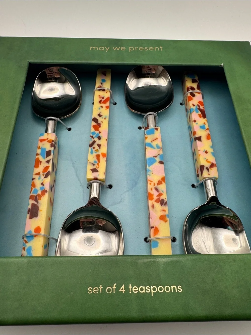 Anthropologie May We Present Set of 4 Tortoise Resin Teaspoons NIB